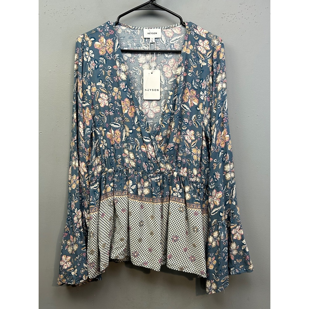 Heyson Blouse Women Large Blue Floral Boho Bell Sleeve Peplum Cottage V-Neck NEW
